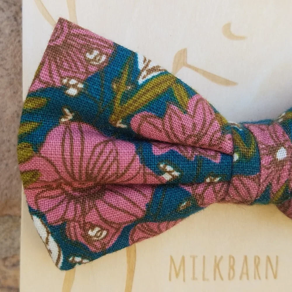 Milkbarn Organic Linen and Cotton Teal Floral Bow Tie NWOT